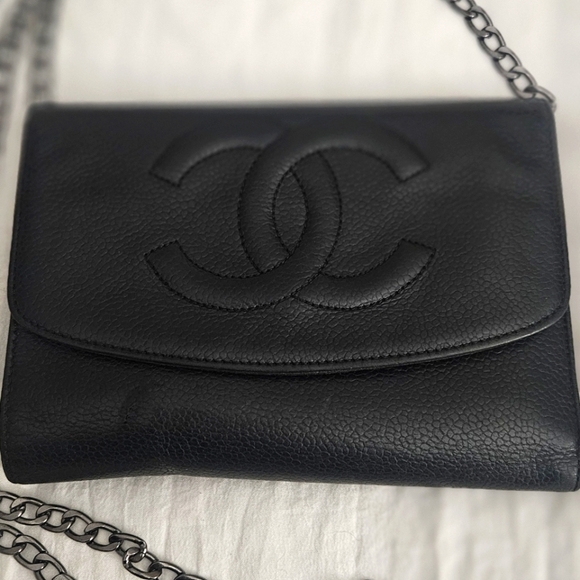 Authentic Chanel Black Lambskin Wallet On Silver Chain Vintage - Picture 4 of 10
